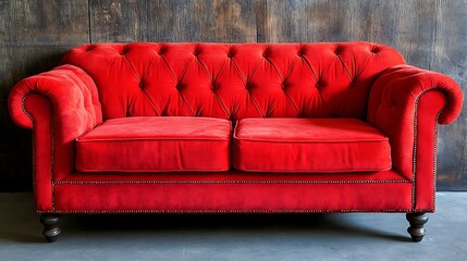 Red velvet tufted chesterfield sofa against wooden wall.