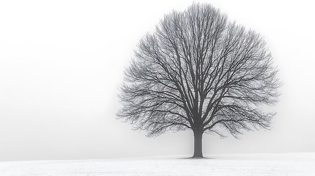 Solitary bare tree in foggy field.