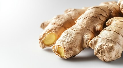 Fototapeta premium Fresh ginger root with textured skin, showcasing its natural curves and organic shapes, perfect for culinary, health, and wellness applications in stock photography.