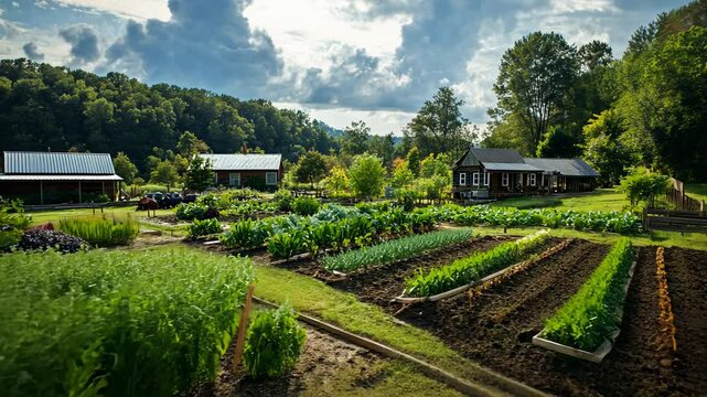 Picturesque Farmland with Lush Vegetable Gardens and Rustic Cabins