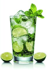 Refreshing Mojito Cocktail with Fresh Mint and Lime Slices Served in a Tall Glass Over Ice Cubes on a Bright White Background
