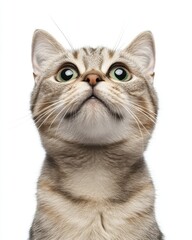 Fototapeta premium A curious tabby cat with striking green eyes gazes up at the camera, its ears perked and whiskers twitching, surrounded by a cozy, sunlit room filled with soft pillows.