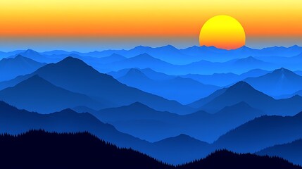 Obraz premium Sunset over layered blue mountains.