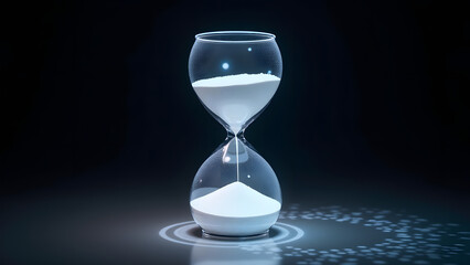 Light-based memory hourglass where each sand grain holographically stores and replays its complete flow history under laser illumination.