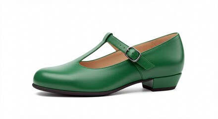Elegant Emerald Green Leather T Strap Women s Low Heels Shoes