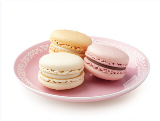 Fototapeta premium pink and pale yellow and brown macarons on a pink plate isolated on white background,premium blank background poster banner cover wallpaper design with copy space