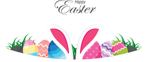 Happy Easter vector banner background. Greeting card with easter eggs, bunny, and leaves in modern cartoon style. Isolated on transparent background