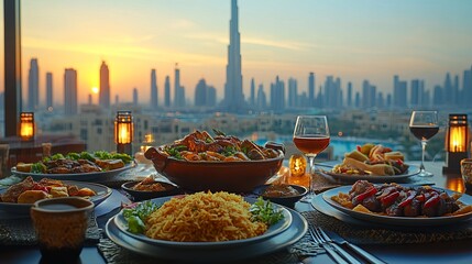 Delicious Middle Eastern Dinner Rooftop Dubai Skyline Sunset Romantic Meal Food city view wine night plate table tasty arabic     