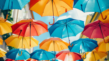 Street decoration colorful umbrellas background,  street umbrella decoration, umbrella sky project, vibrant umbrella canopy, floating umbrellas,