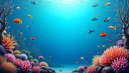 Fototapeta premium Coral and Tropical Fish Border Frame with Copy Space for World Wildlife Day: Ocean Protection Concept Featuring Vibrant Marine Life Elements and Empty Space for Your Message