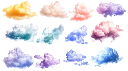 A collection of colorful, fluffy clouds in various shades, set against a transparent background, ideal for digital design