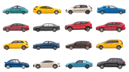 A collection of diverse car models in various colors lined up side by side, showcasing modern design and variety