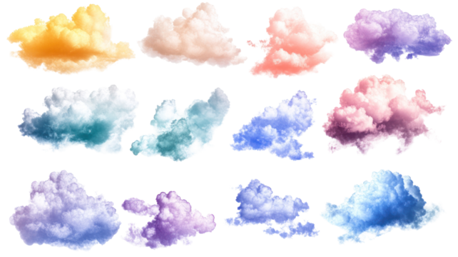A collection of colorful, fluffy clouds in various shades, set against a transparent background, ideal for digital design