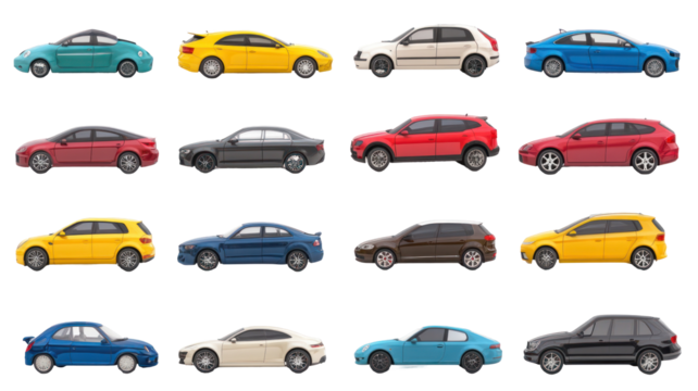 A collection of diverse car models in various colors lined up side by side, showcasing modern design and variety
