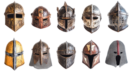 A collection of intricately designed medieval helmets displayed in a row, showcasing various styles and textures