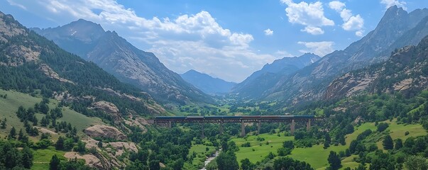A train traverses a bridge spanning a valley between large mountains