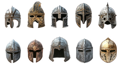 A collection of ten historical warrior helmets displayed in a row, showcasing diverse designs and materials, perfect for educational use