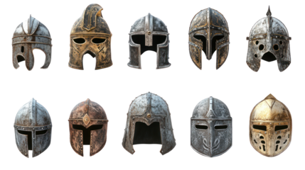 A collection of ten historical warrior helmets displayed in a row, showcasing diverse designs and materials, perfect for educational use