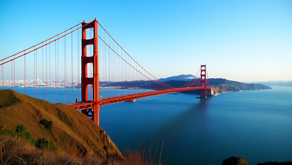 Fototapeta premium Stunning Travel Photography of the Iconic Golden Gate Bridge in San Francisco, USA: Capturing Beautiful Architecture and Urban Landscape with Empty Space for Creative Use