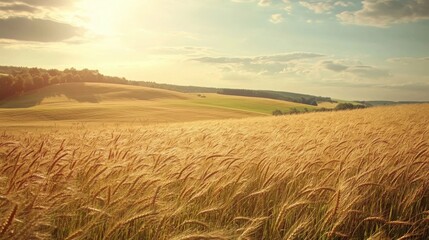 Obraz premium Golden Wheat Field Swaying in the Wind Under Bright Summer Sunlight