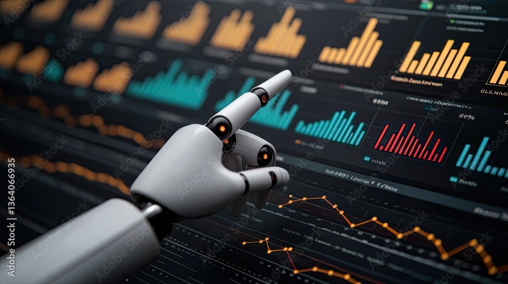 Poster analyzing data trends with robotic assistance tech lab infographic visualization digital environment
