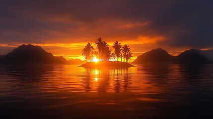 The Beautiful Island Sunset Reflected on Calm Ocean Waters