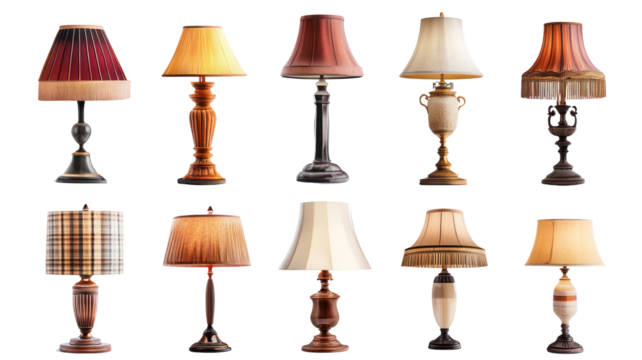 A collection of vintage table lamps showcasing various designs and colors, set against a neutral background for display