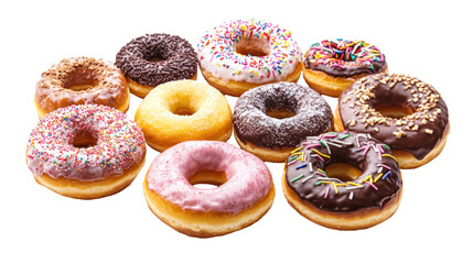 A colorful assortment of freshly baked donuts arranged neatly on a white background, showcasing various toppings and flavors