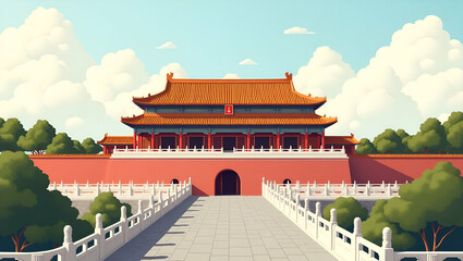 Obraz premium Stunning Vector Illustration of the Forbidden Palace in Beijing, China: Showcasing Traditional Architecture and Cultural Heritage with Intricate Details and Symbolic Significance - Perfect for Stock P