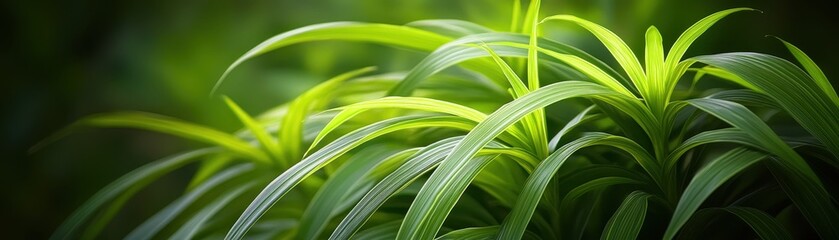 Fototapeta premium A vibrant close-up of a lush green plant, showcasing its intricate leaf patterns and textures. The sunlight filters through, highlighting the rich hues and delicate veins of each leaf.