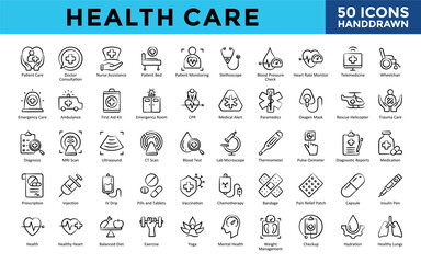 Health Care icons set with patient care, doctor consultation, nurse assistance, patient bed, patient monitoring, stethoscope, blood pressure check, heart rate monitor icon. Simple handdrawn vector 
