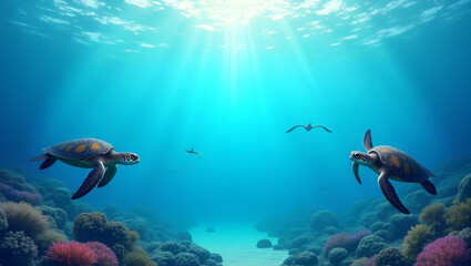 Fototapeta premium Dynamic Ocean Waves & Sea Turtles Frame for World Environment Day