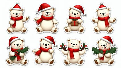 Polar Bear Characters in Festive Poses for Merry Christmas Cutout Decorations - Photo Stock Concept
