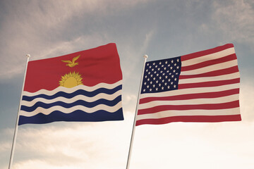 Relations between the countries of the United States of America USA and KIRIBATI represented by the concept of two flags waving against a cloudy sky.3d render.