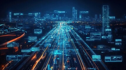 Futuristic city highway at night, with data streams