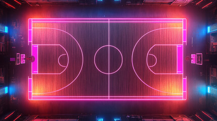 Futuristic Basketball Court with Neon Pink and Blue Lighting
