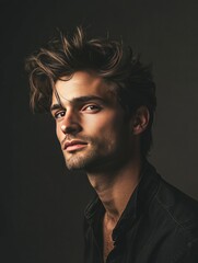 Obraz premium Intense Gaze: Portrait of a young man with textured hair and contemplative expression