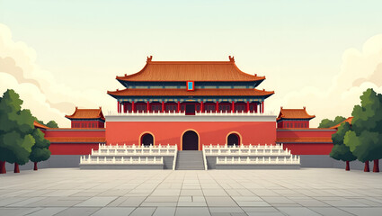 Fototapeta premium Stunning Vector Illustration of the Forbidden Palace in Beijing, China: Showcasing Traditional Architecture and Cultural Heritage with Intricate Details and Space for Text