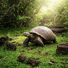 Majestic Galapagos Tortoise in Lush Tropical Forest