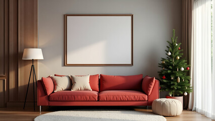 Mockup Photo Frame in Christmas-Themed Living Room for Festive Decor