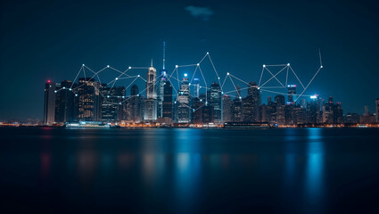 Fototapeta premium Cityscape at Night: Modern Connectivity & Urban Digital Infrastructure in Night Photography