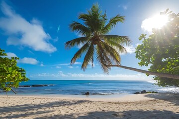 tropical beach with palm trees,Relaxing Tropical Seaside Escape with Sunbeds and Ocean Breeze