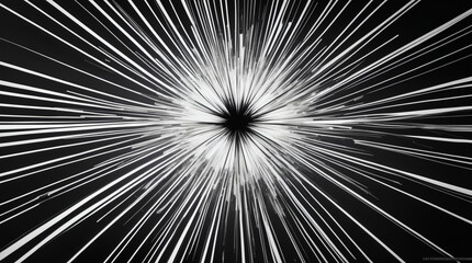 Monochrome burst of white lines emerging from a dark center, creating a dynamic and abstract visual effect with radial symmetry.