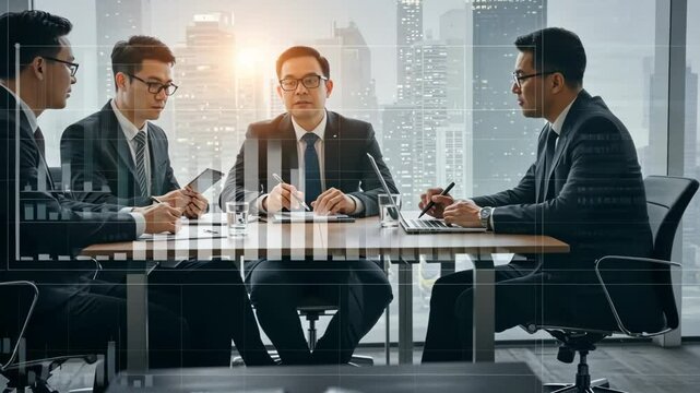 Business Meeting of Professionals Discussing Strategies and Financial Plans in Modern Urban Office