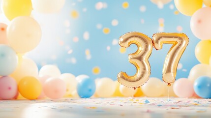 Golden number 37 balloons pop against a bright backdrop of pastel balloons and confetti, creating a joyful vibe