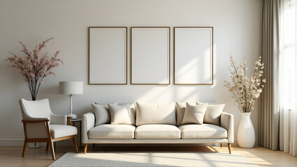 Flat The living room is decorated with chairs picture frames and flower vases creating a cozy and stylish home environment concept as A living room decorated with chairs picture frames and flower vase