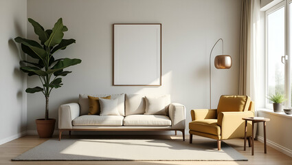 Cozy Living Room Design: Stylish Sofa Chair and Picture Frame on Wall for a Warm Home Environment - Photo Stock Concept with Empty Space for Personal Touch