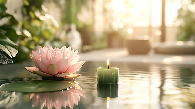 Serene Lotus and Candle in Tranquil Setting, A serene scene with a pink lotus flower floating on water next to a lit green candle