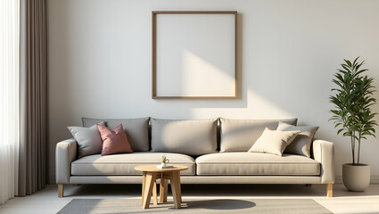 Cozy Living Room Design: Stylish Sofa Chair and Picture Frame on Wall for a Warm Home Environment - Photo Stock Concept with Empty Space for Personal Touch