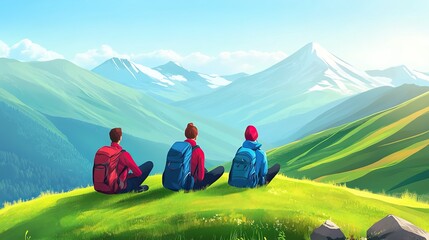 Fototapeta premium Hikers enjoying mountain vista